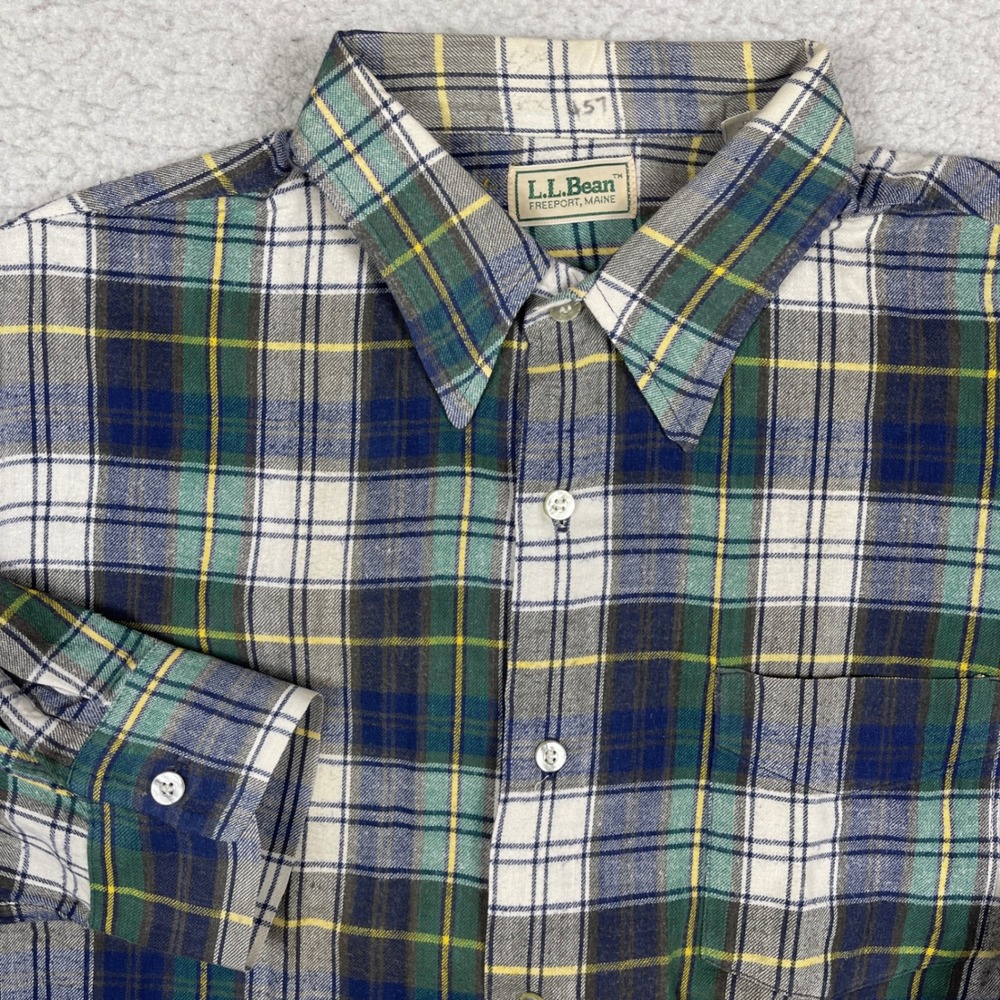 LL‎ Bean Button Down Shirt Mens Large Long Green Blue Plaid Cotton Outdoorsman